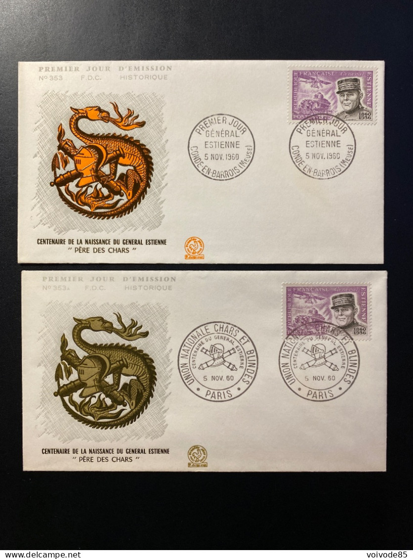 Enveloppes 1er Jour "Centenaire De La Naissance Du Général Estienne" - 05/11/1960 - 1270 - Historique N° 353/353A - 1960-1969