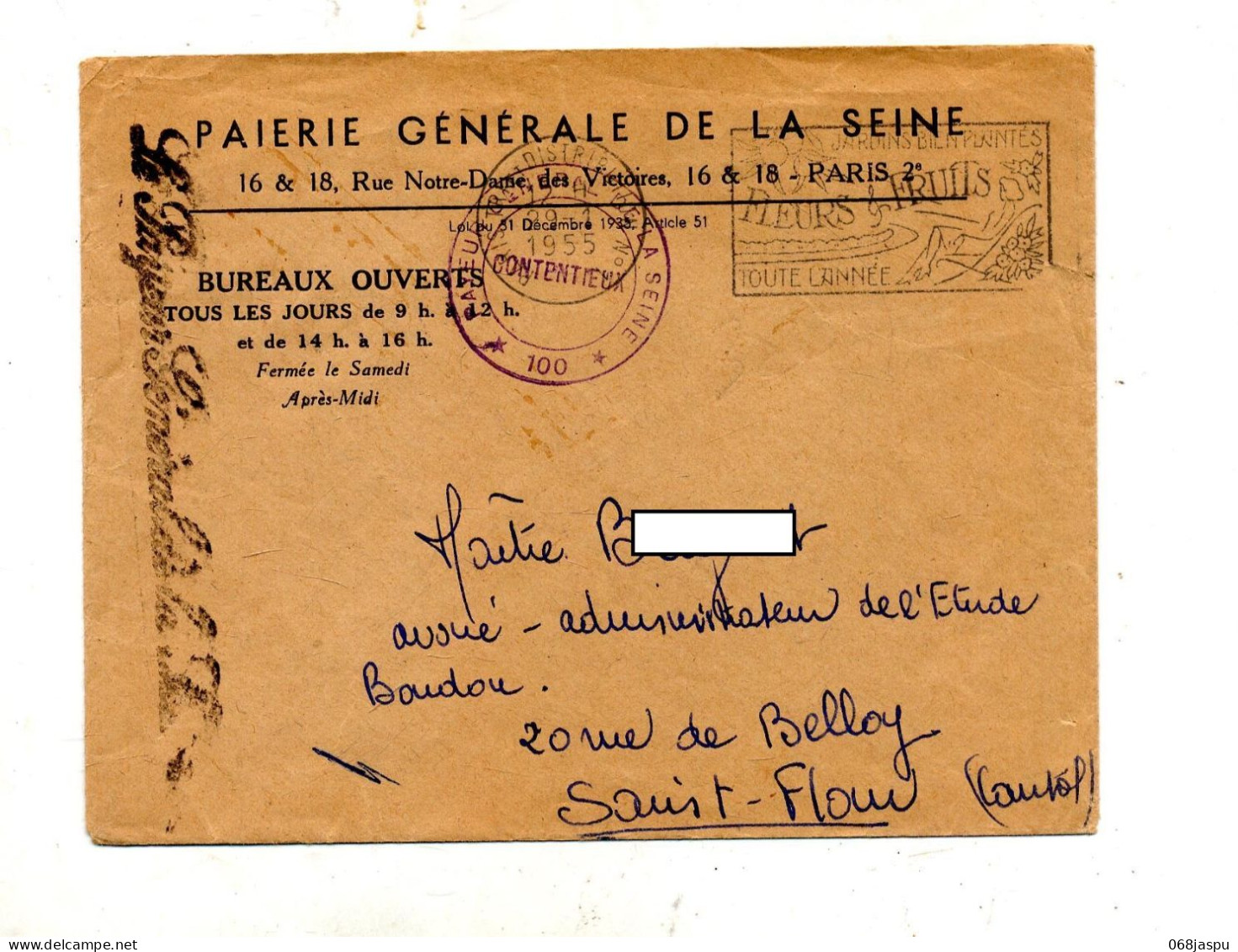 Lettre Flamme Paris Fleur Et Fruit Cachet Payeur General - Mechanische Stempels (reclame)