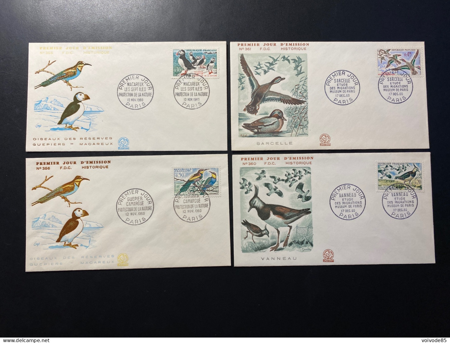 Enveloppes 1er Jour "Les Oiseaux" - 12/11/1960 - 1273/1276 - Historique N° 355/356 - 360/361 - Animaux - 1960-1969