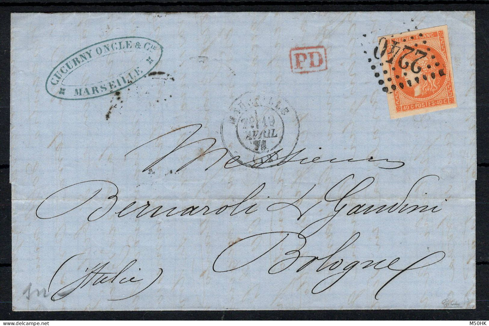 Signé CALVES , YV 48 Luxe Sur Lettre De Marseille Pour L'Italie , Cote 250+ Euros - 1870 Emission De Bordeaux