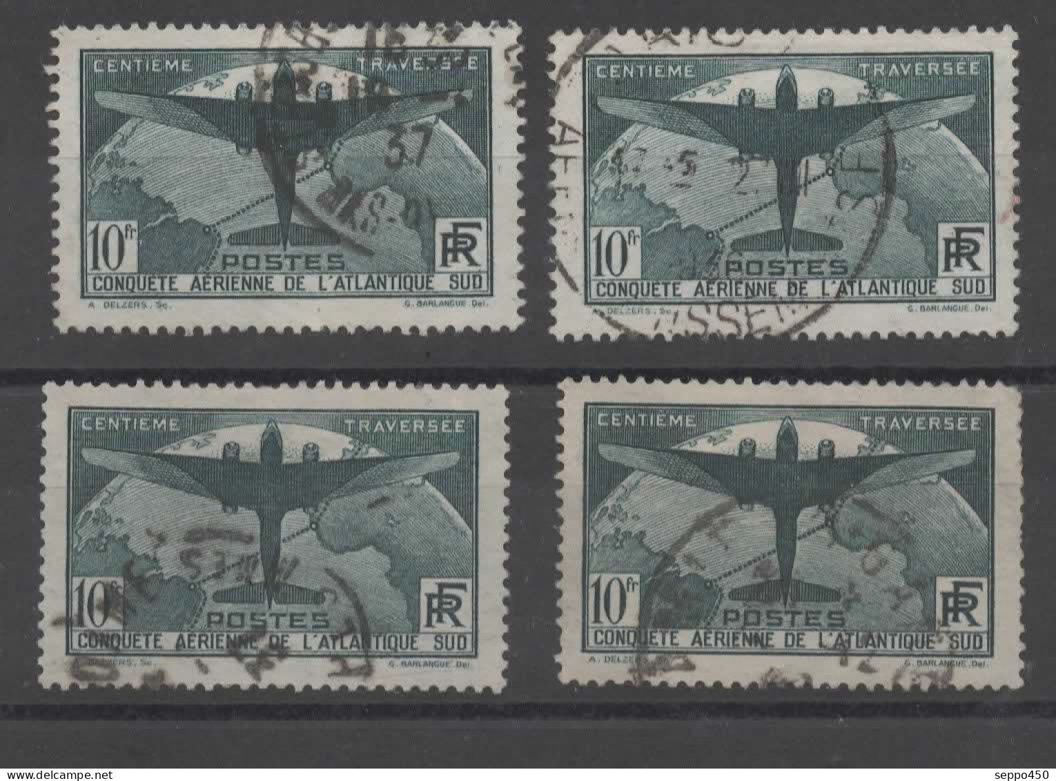 YT 321, 10FR TRAVERSEE ATLANTIQUE,  4 TIMBRES AVEC DIVERS OBLITERATIONS STAMPS BRIEFMARKEN - Oblitérés