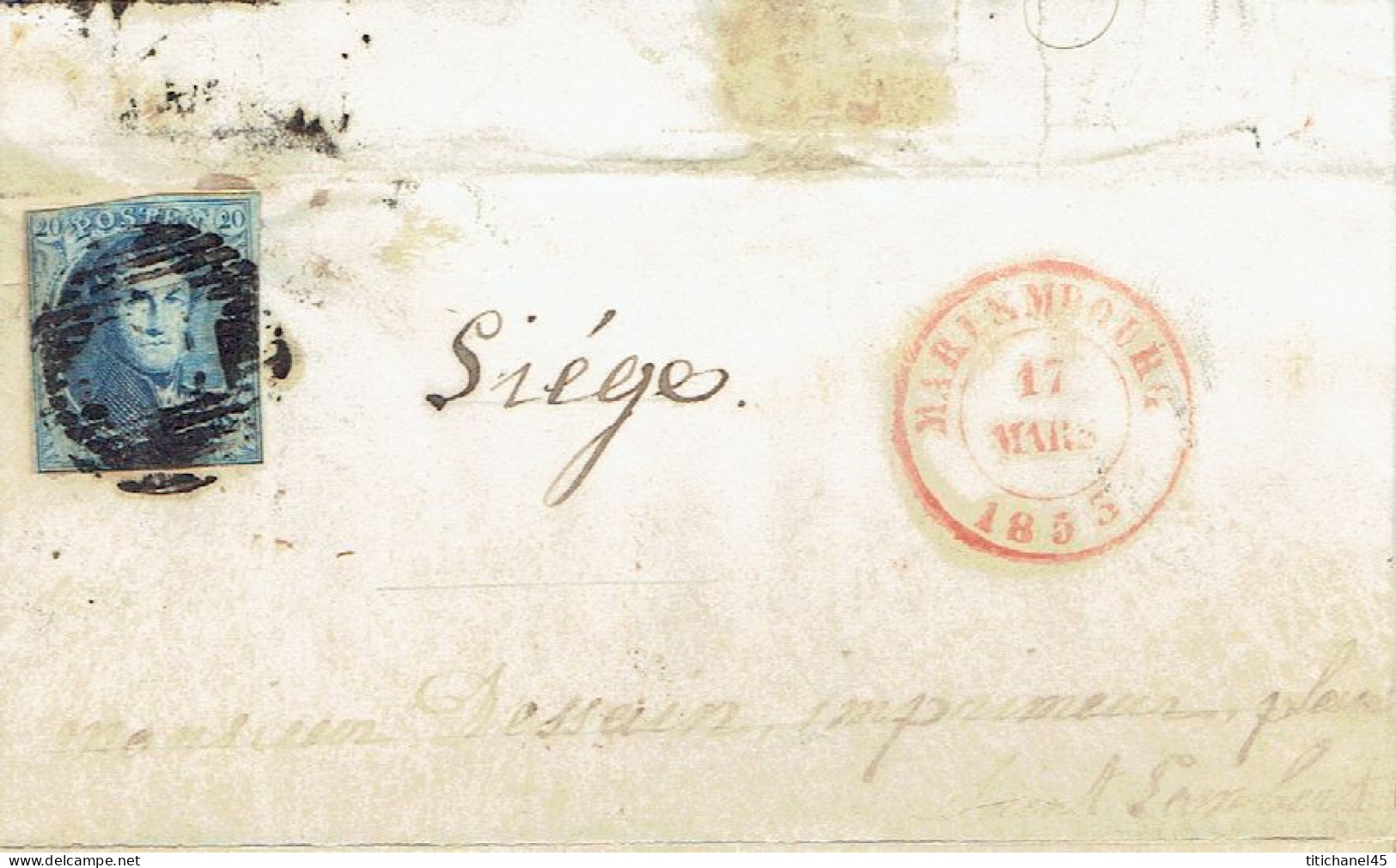 Médaillon N°7 Margé S/LAC Oblit 18 Barres D24  MARIEMBOURG + DC 17 MARS 1853 Vers LIEGE - 1851-1857 Medaillen (6/8)