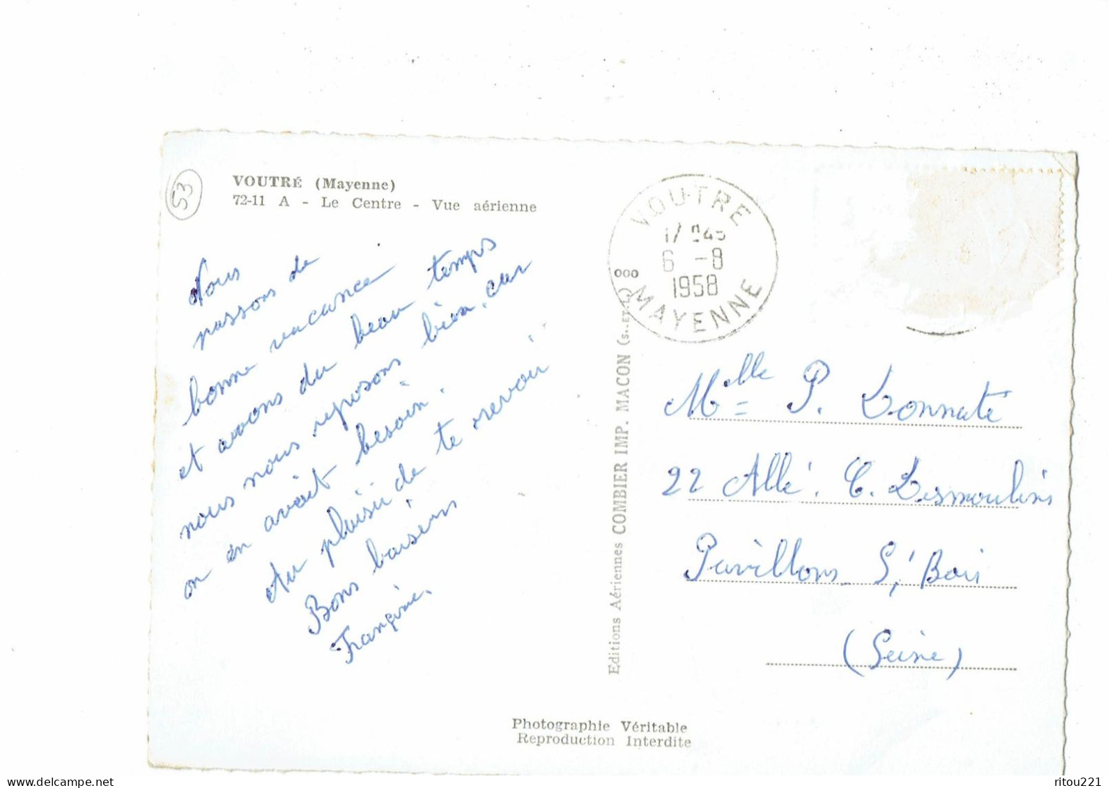 Cpm - 53 - VOUTRE - Le Centre - Vue Aérienne - 1958 - Cim 72-11 A - Other & Unclassified