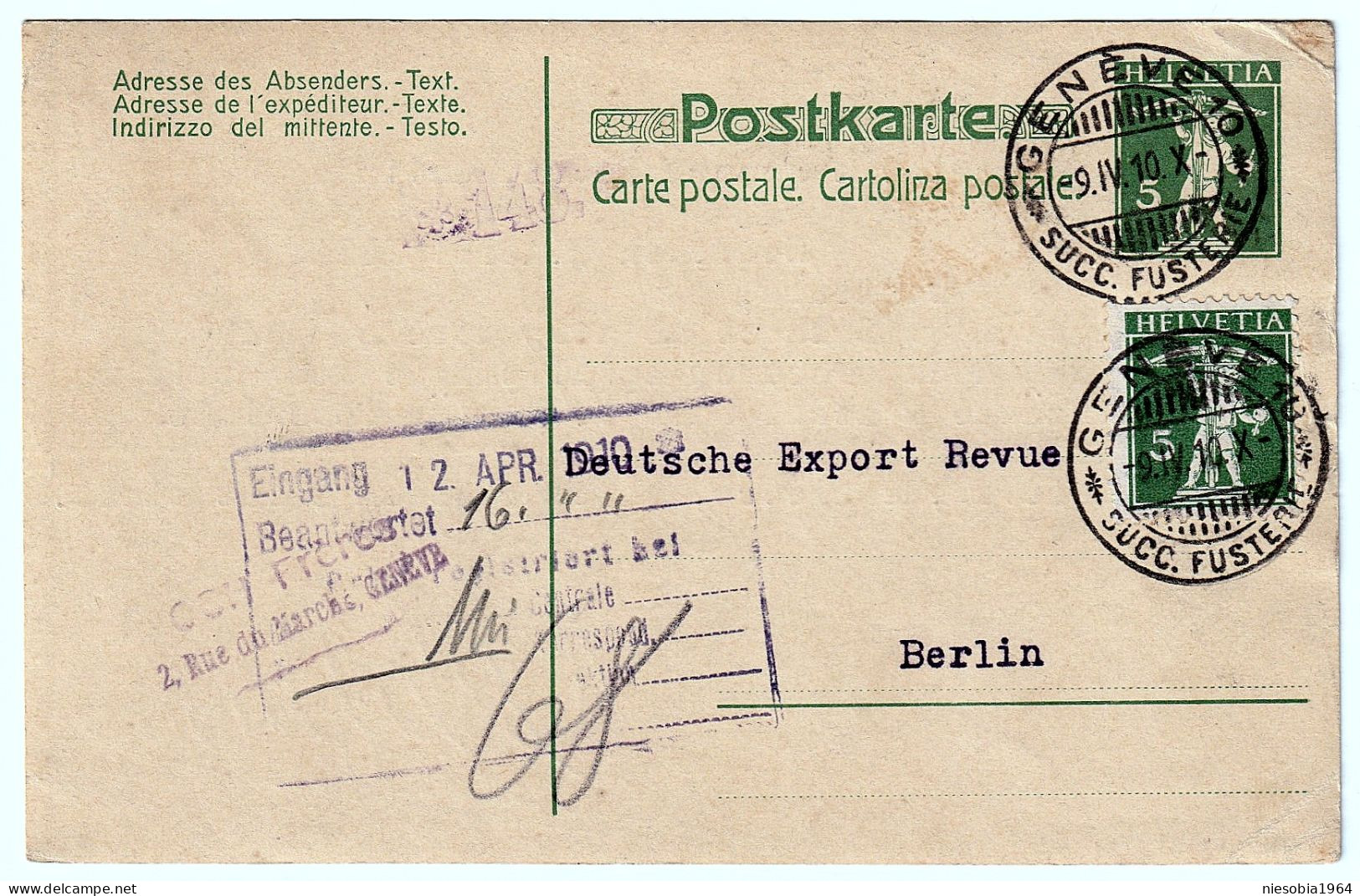 Swiss Belle-Époque Correspondence Card Seals Geneve Succ. Fusterie 9.04.1910 German Export Review BERLIN - Ganzsachen