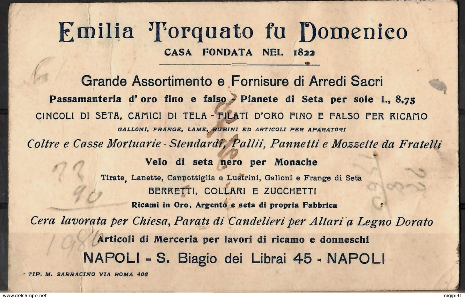 **  Emilia Torquato Fu Domenico CASA FONDATA NEL 1822 + NAPOLI -S. Biagio Dei Librai - Italie