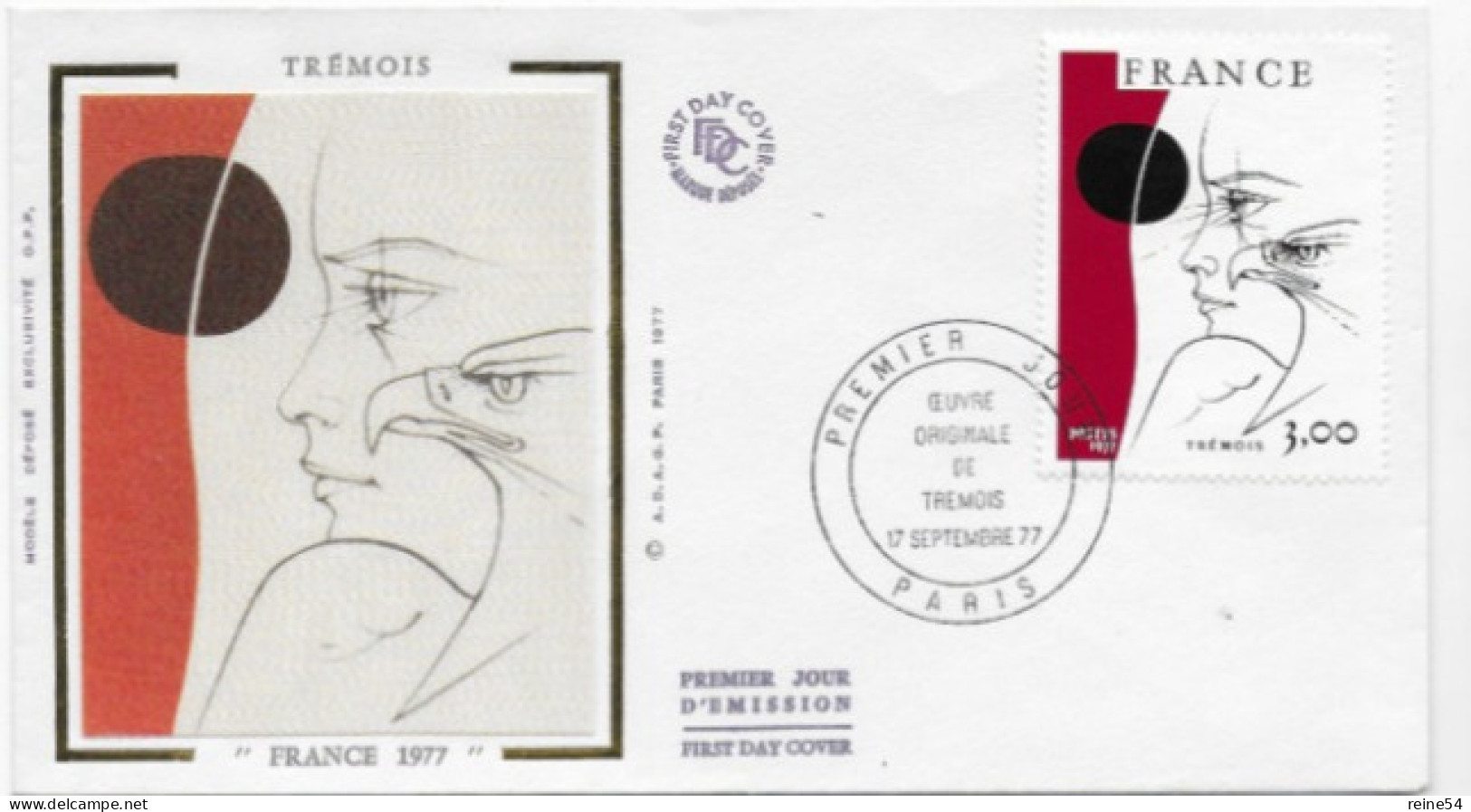 Enveloppe Premier Jour- Oeuvre Originale De Trémois 17 Sept 1977  Paris (75) F.D.C. N° YT 1950 - 1970-1979