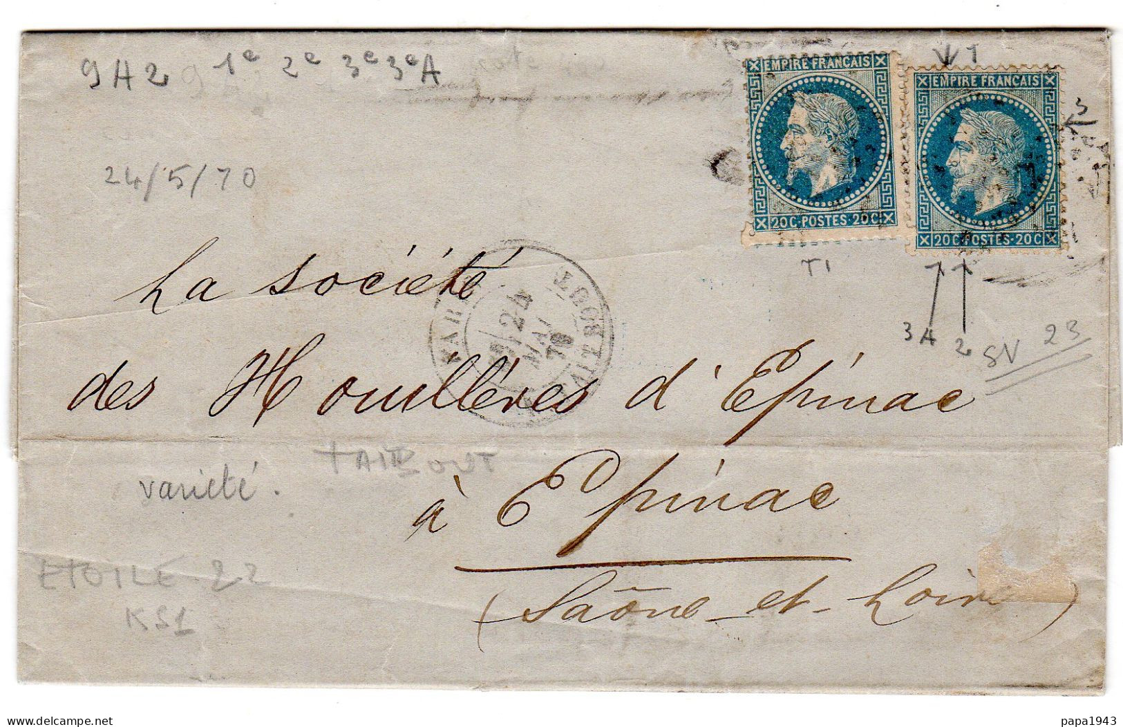 1870  CAD De PARIS Rue Taitbout Sur Etoile T22  Double Affranchissement 20c Envoyée à EPINAL 88 - 1849-1876: Classic Period