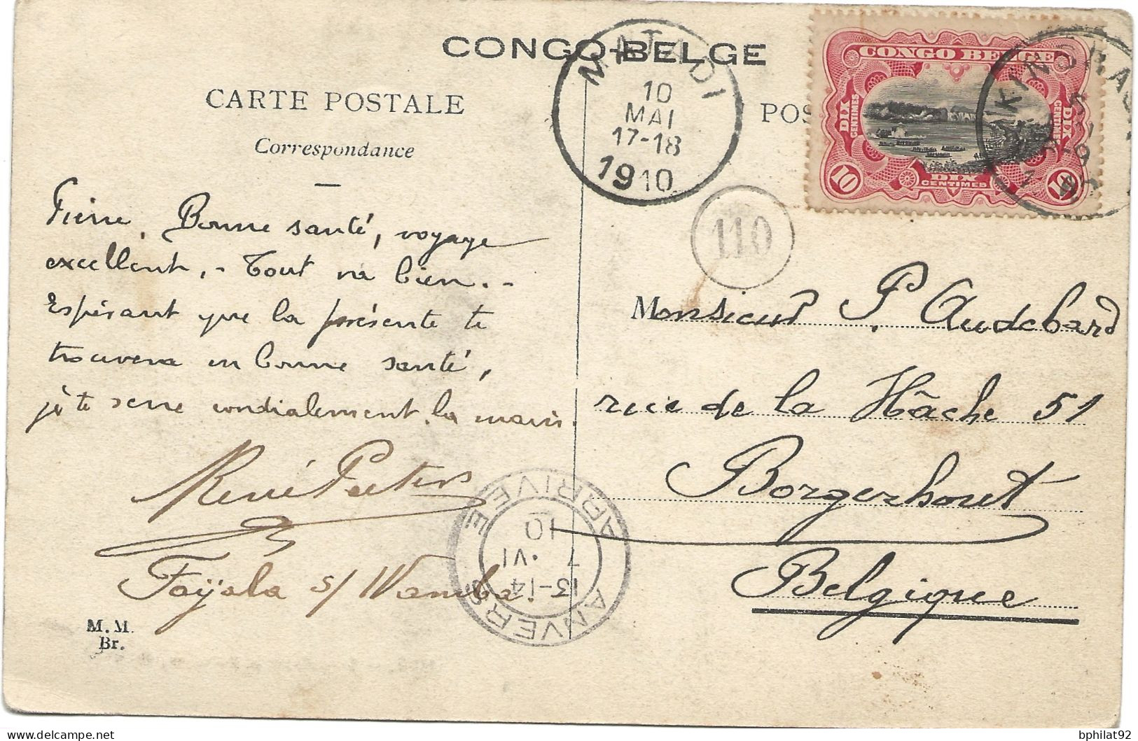 !!! CONGO, CPA DE 1910, DÉPART DE KINSHASA  POUR BORGERHOUT, ANVERS  (BELGIQUE) - Brieven En Documenten