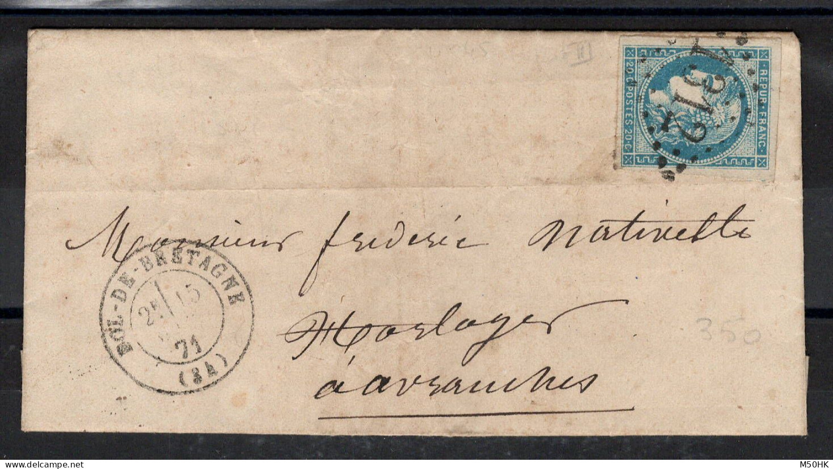 YV 45C Luxe Sur Lettre De Dol De Bretagne Pour Avranches , Cote 120+ Euros - 1870 Bordeaux Printing