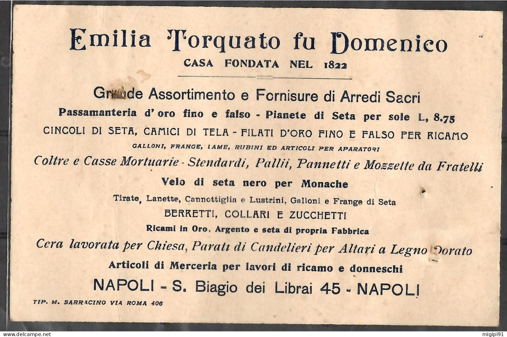 **  Emilia Torquato Fu Domenico CASA FONDATA NEL 1822 + NAPOLI -S. Biagio Dei Librai - Italien