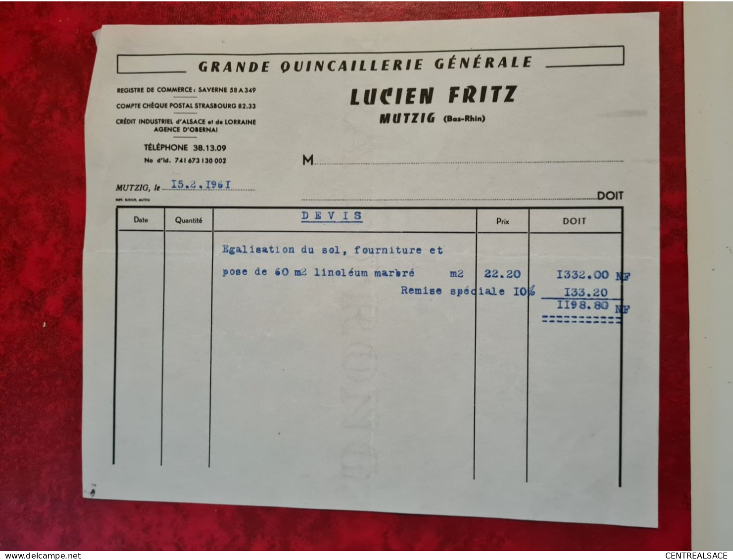 FACTURE LUCIEN FRITZ QUINCAILLERIE MUTZIG 1961 - 1950 - ...