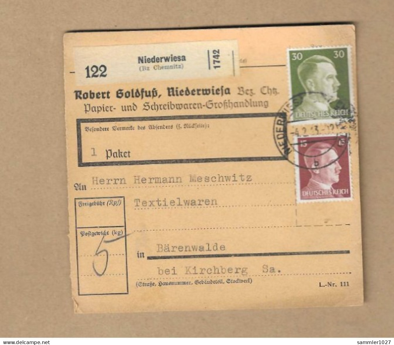 Los Vom 15.04  Paketkarte Aus Niederwiesa Nach Bärenwalde 1943 - Lettres & Documents