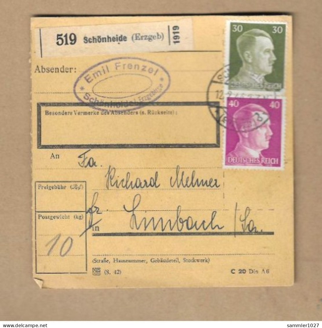 Los Vom 15.04  Paketkarte Aus Schönheide Nach Limbach 1944 - Storia Postale