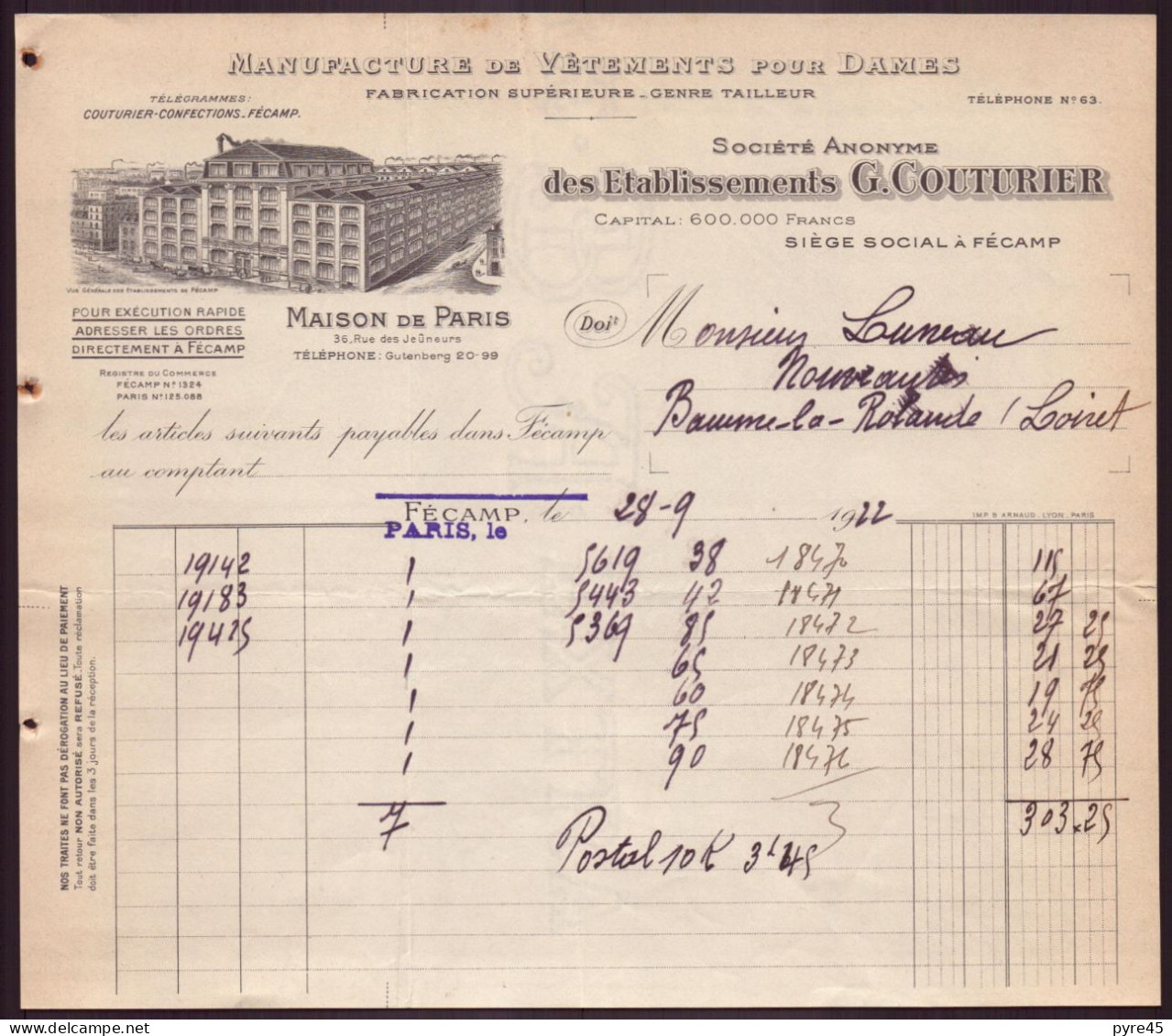 Facture " Ets Couturier " Manufacture Vêtements Pour Dame, Fécamp, 1922 - 1900 – 1949