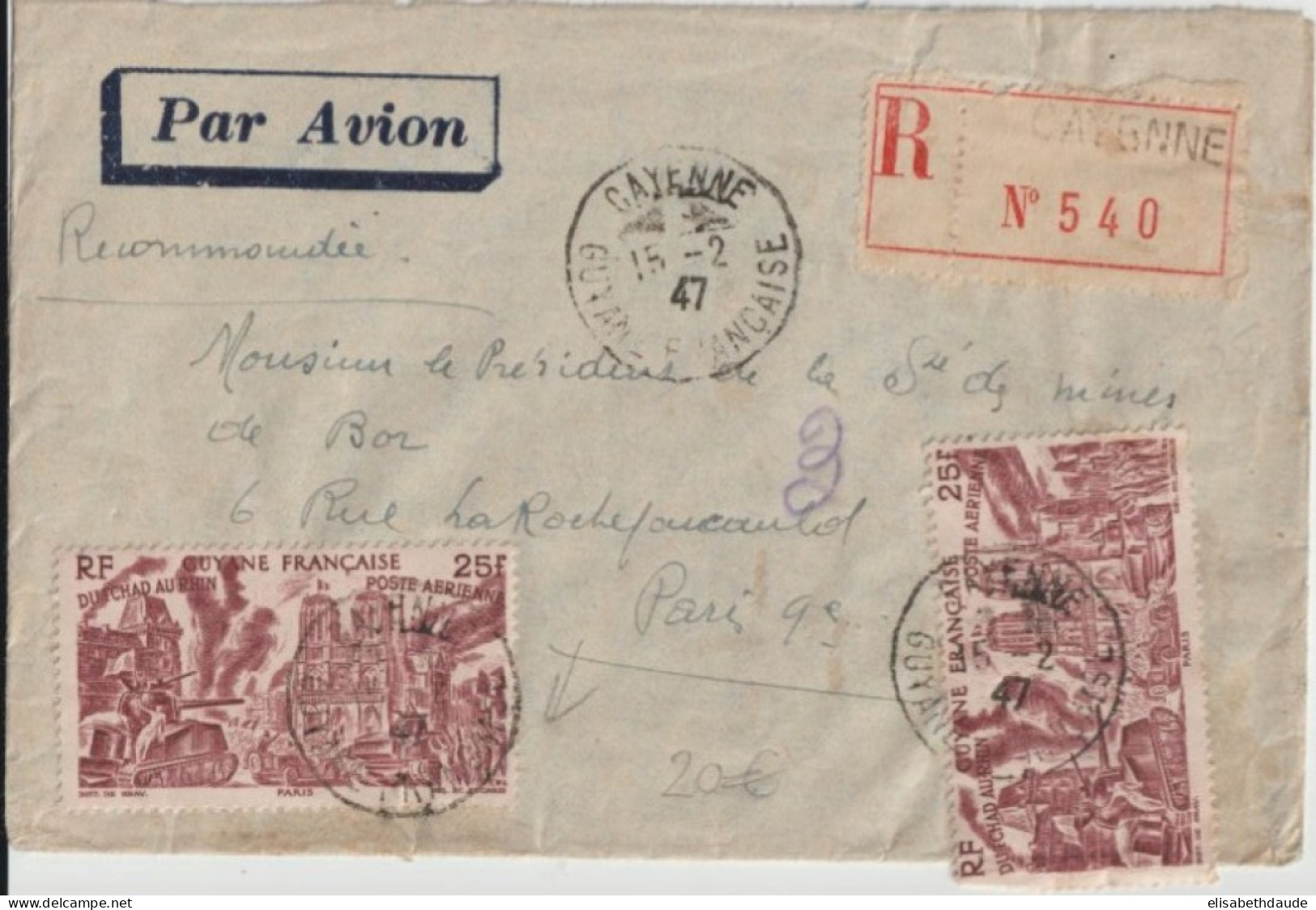 GUYANE - 1947 - ENVELOPPE RECOMMANDEE PAR AVION De LA Cie DES MINES D'OR De BOR à CAYENNE => PARIS - Covers & Documents