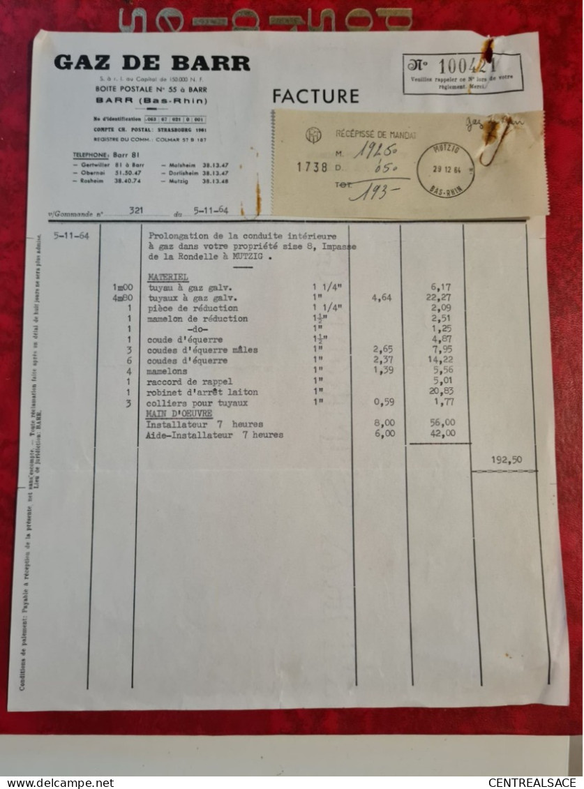 FACTURE GAZ DE BARR AVEC RECEPISSE MANDAT MUTZIG 1964 - 1950 - ...