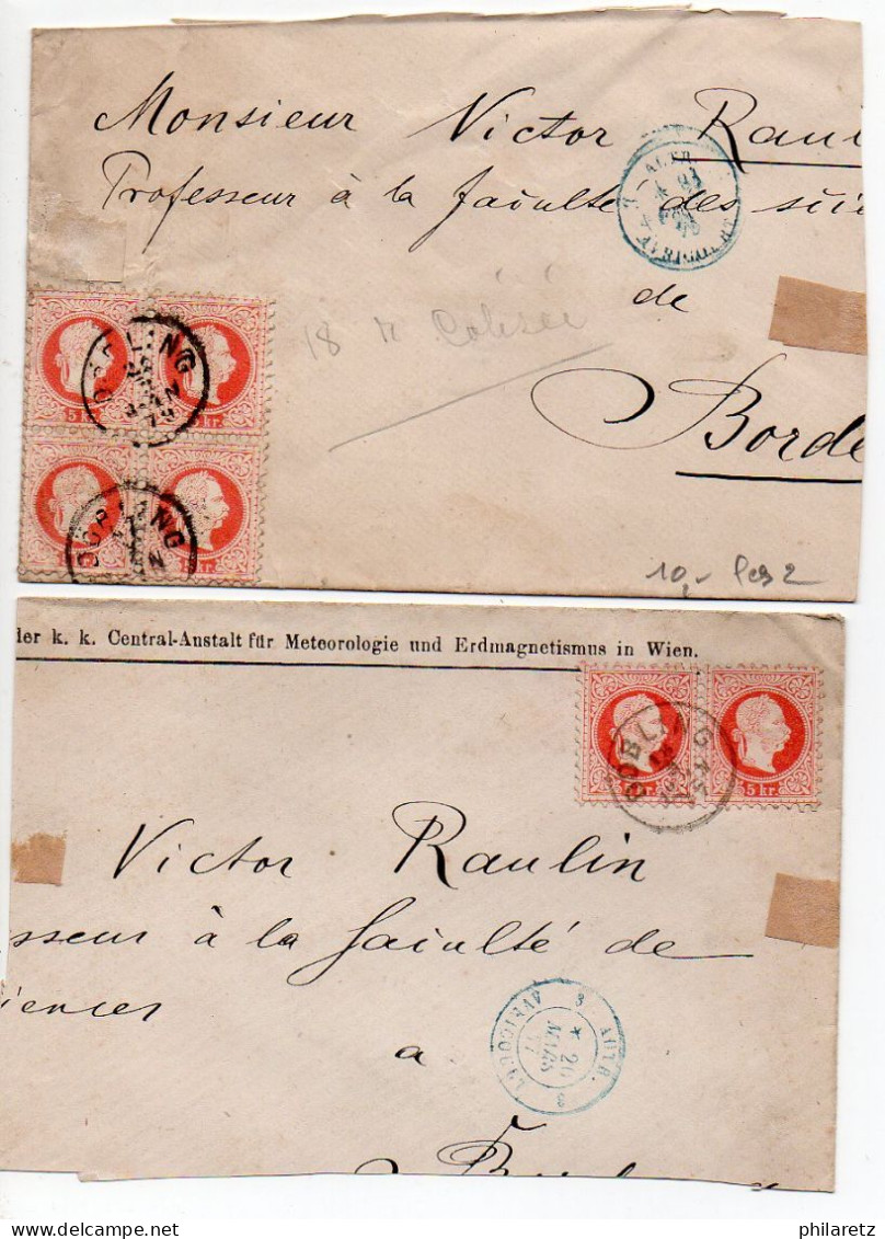 Autriche : Lot De 2 Grands Fragments De Lettre De 1877 Pour La France - 5Kr X4 Dont Bloc De 4 - Briefe U. Dokumente