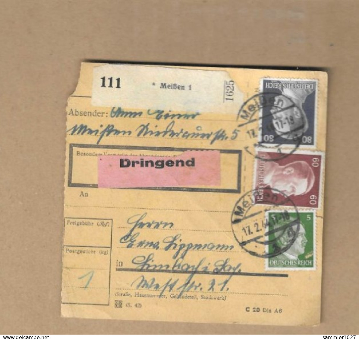 Los Vom 15.04  Paketkarte Aus Meißen Nach Limbach 1944 - Lettres & Documents