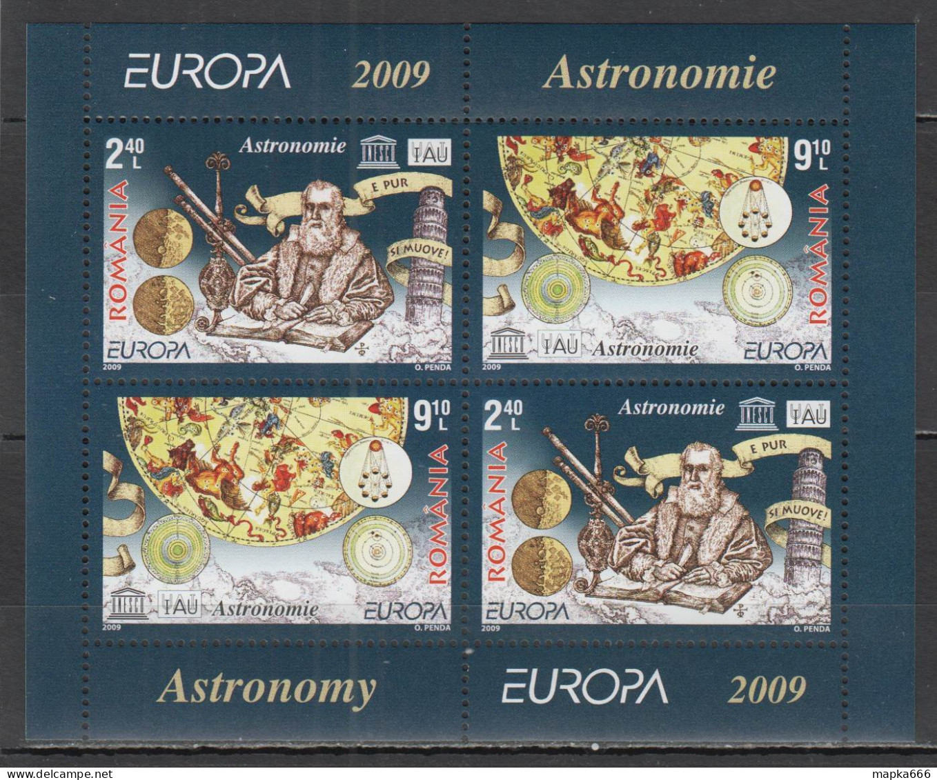Rm596 2009 Romania Space Europa Astronomy Galilei Michel #6357-8 17 Euro 1Kb Mnh - Other & Unclassified
