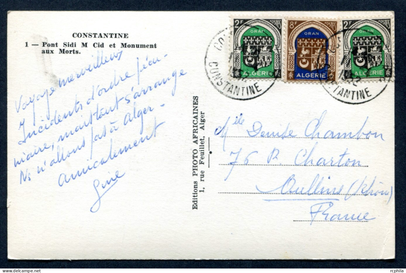 RC 27642 ALGERIE 1952 ARMOIRIES SUR CARTE POSTALE DE CONSTANTINE POUR LA FRANCE - Lettres & Documents