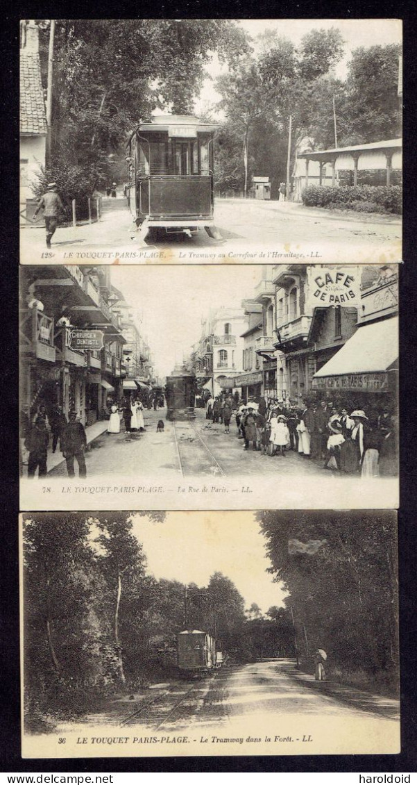 LOT 3 CP DPT 62 - LE TOUQUET PARIS PLAGE - TRAMWAY DANS LA FORET - AU CARREFOUR DE L'HERMITAGE - LA RUE DE PARIS - Le Touquet