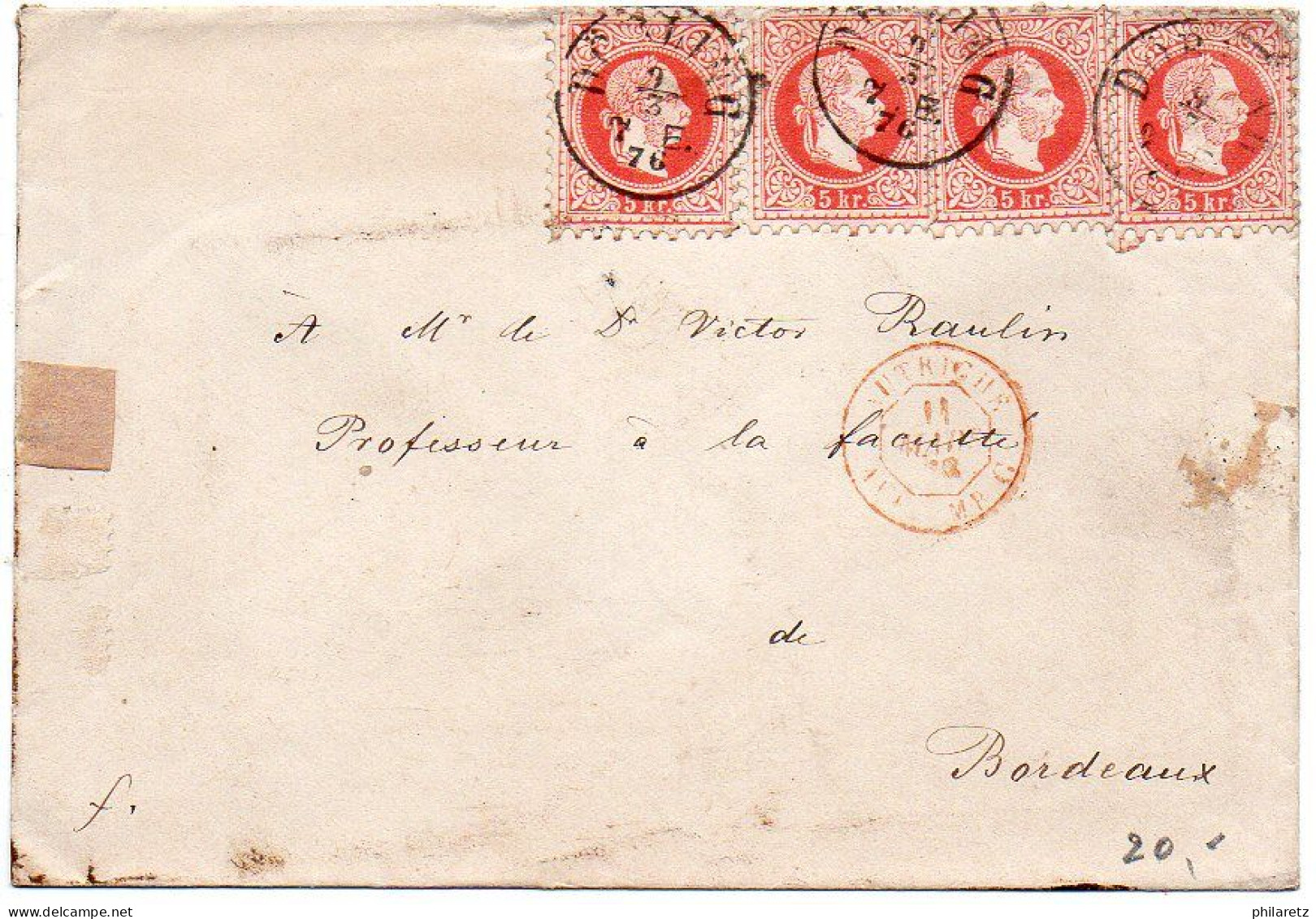 Autriche : 5 Kr X4 Sur Lettre De 1876 Pour La France - Brieven En Documenten