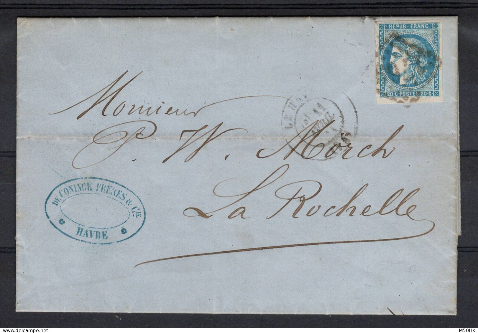YV 46A Grand Luxe Sur Lettre De Le Havre Pour La Rochelle , Cote 320+ Euros - 1870 Bordeaux Printing