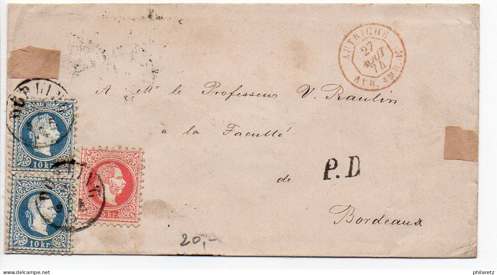 Autriche : 5 Kr + 10 Kr X2 Sur Lettre De 1874 Pour La France - Covers & Documents