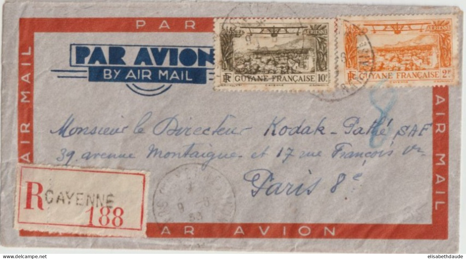 GUYANE - 1938 - POSTE AERIENNE - ENVELOPPE RECOMMANDEE PAR AVION De CAYENNE => PARIS - Lettres & Documents