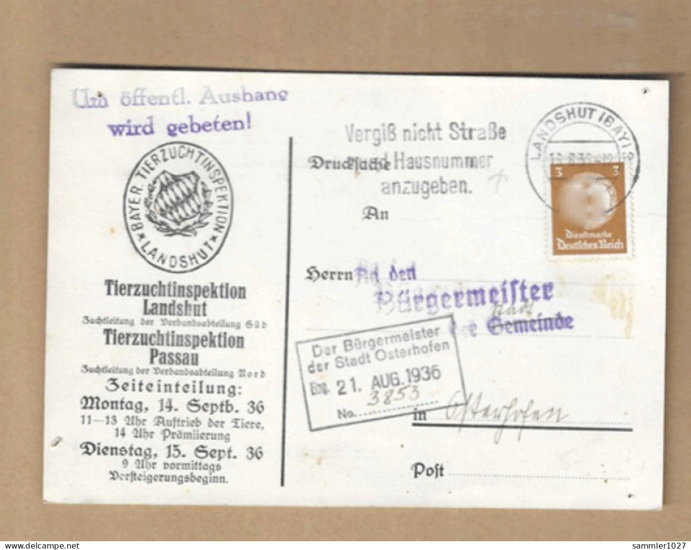 Los Vom 15.04  Dienst-Postkarte Aus Landshut Nach Osterhofen 1936 - Briefe U. Dokumente