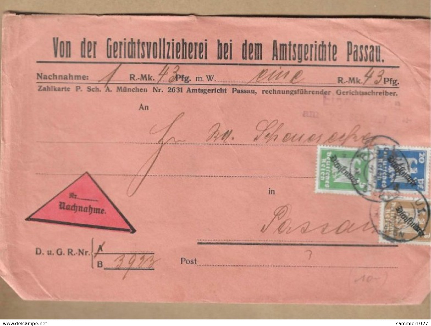 Los Vom 15.04  Dienst-Umschlag Aus Passau 1927 - Lettres & Documents