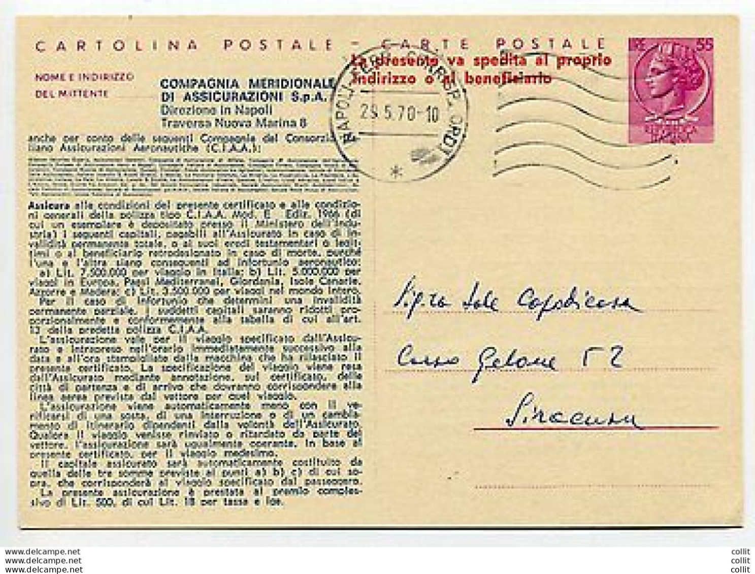 C.P.Assicurativa Volo L.55 "Siracusana" Compagnia Meridionale Assic.ne N.Cm13 - Stamped Stationery