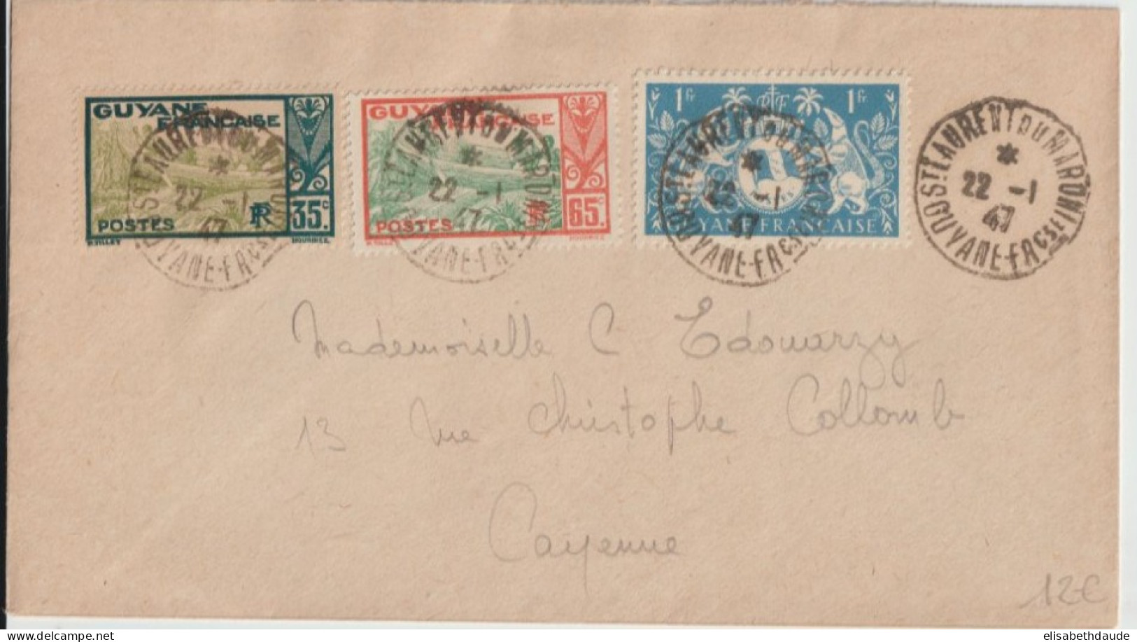 GUYANE - 1947 - ENVELOPPE De ST LAURENT DU MARONI ! => CAYENNE - Lettres & Documents