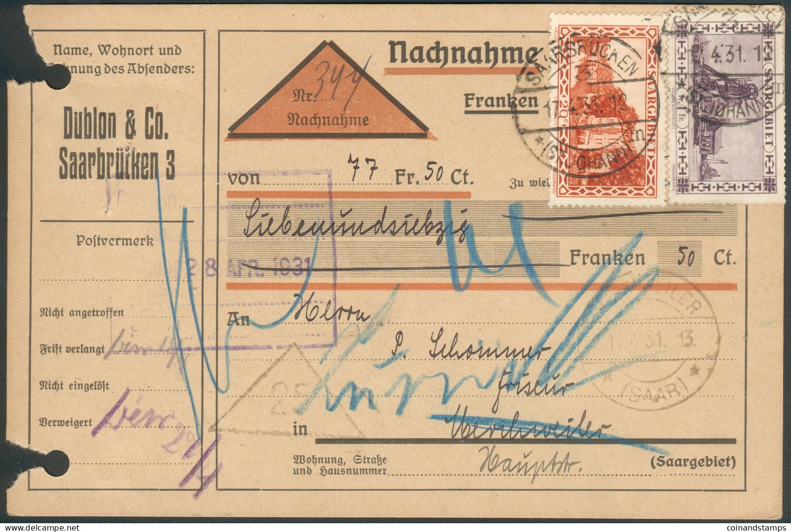 Deutsche Abstimmungsgbiete Saargebiet Nachnahmepaketkarte über 77 Fr.50 Ct. 1931 Nach Wemmetsweiler - Covers & Documents