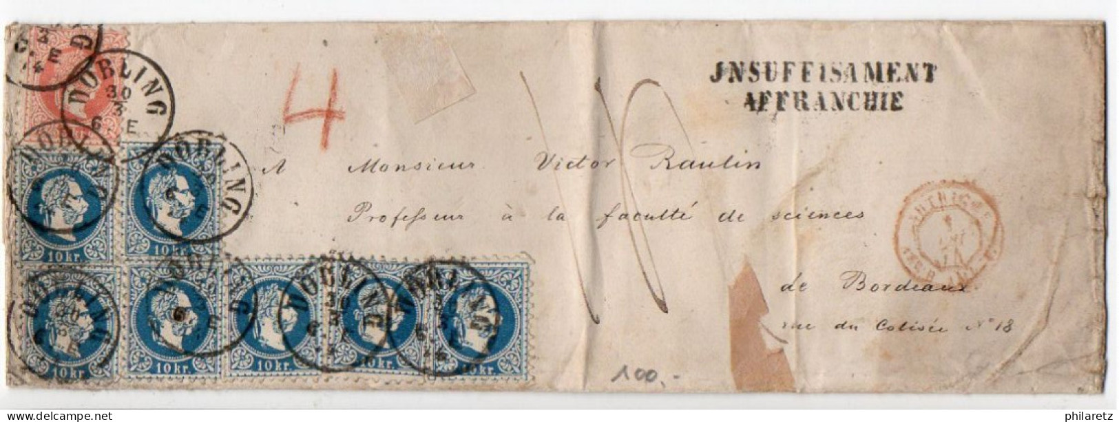 Autriche : 5 Kr + 10 Kr X7 Sur Lettre De 1874 Pour La France - Taxe à L'arrivée  - Affranchissement à 75 Kr - Briefe U. Dokumente