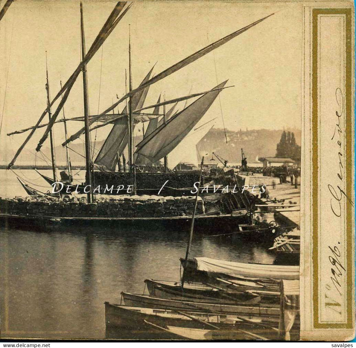 Suisse * Barque Du Léman, Genève Port, Quai Des Eaux-Vives * Photo Stéréoscopique Braun Vers 1865 - Photos Stéréoscopiques