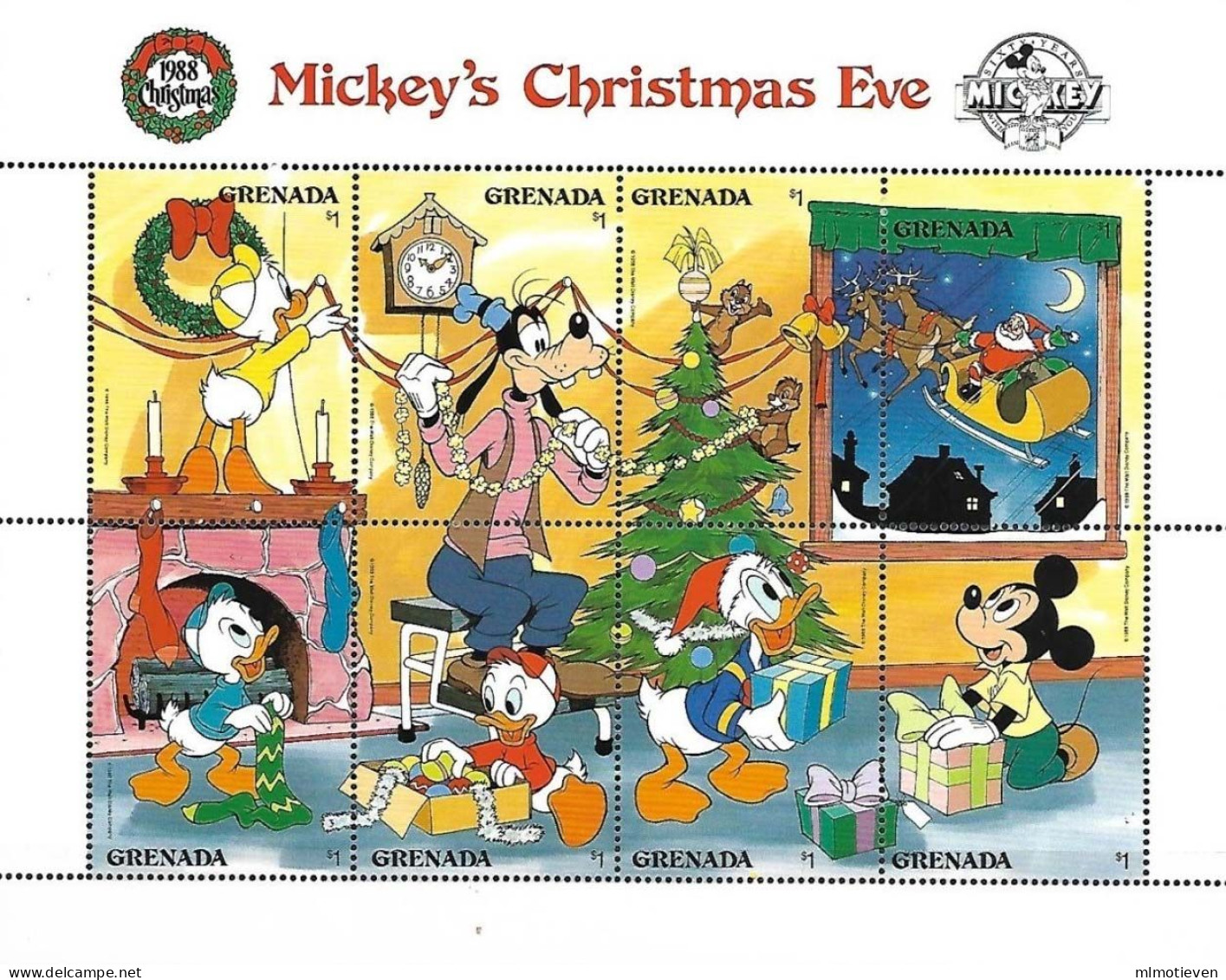 MWD-BK3-152-3 MINT PF/MNH ¤ GRENADA 1988 SHEET ¤ MICKEY'S CHRISTMAS EVE - Disney