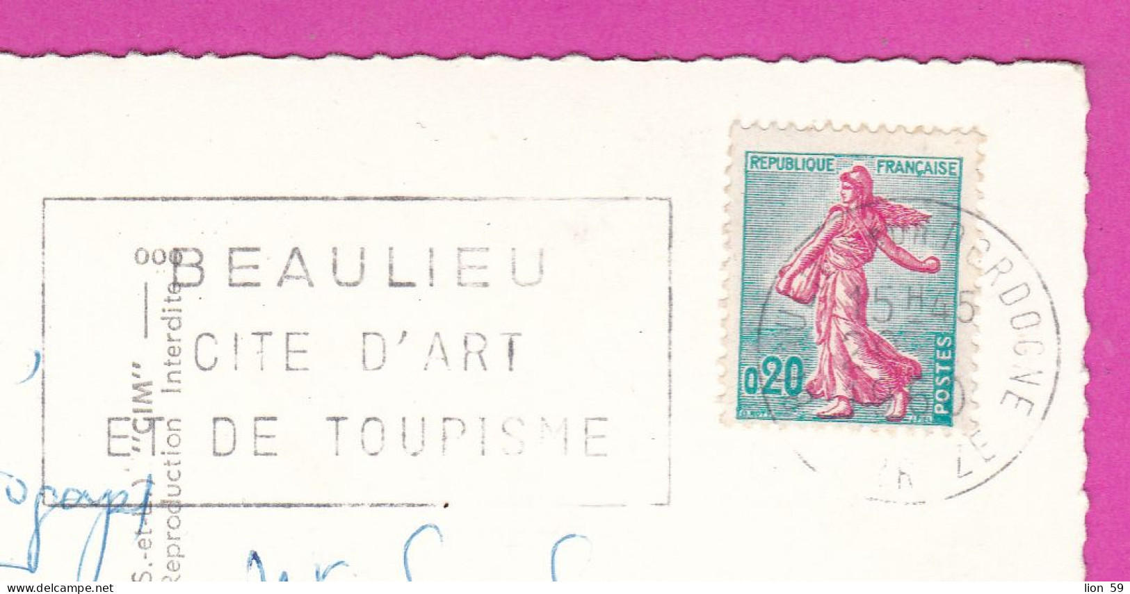 294117 / France - Beaulieu-sur-Dordogne (Correze) Vieux Quartier PC 1960 USED 0.20 Fr. Semeuse Turquoise Et Rose Flamme - Brieven En Documenten