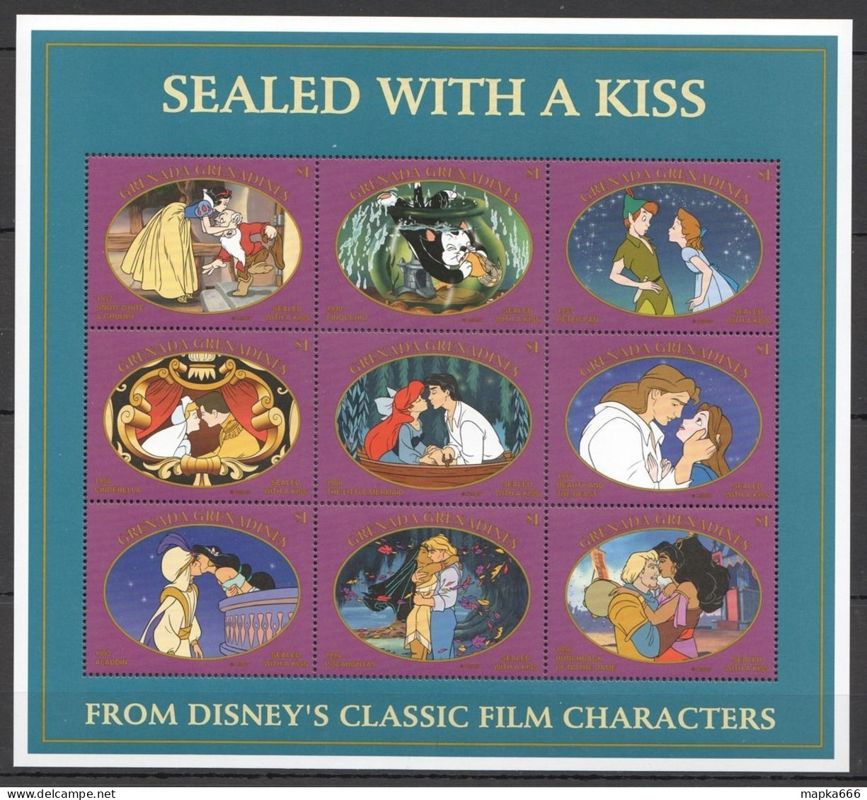 Pk406 Grenada Cartoons Walt Disney Sealed With A Kiss Aladdin Cinderella Kb Mnh - Disney