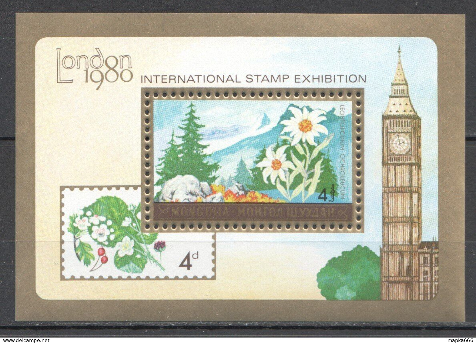 Wb214 1980 Mongolia Flora Flowers Landscapes London Expo Big Ben 1Bl Mnh - Other & Unclassified