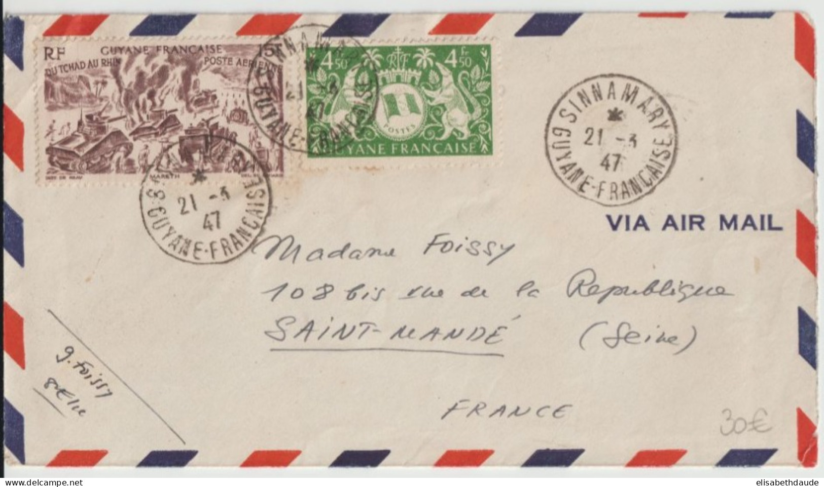 GUYANE - 1947 - ENVELOPPE AVION De SINNAMARY (RARE) ! => SAINT MANDE - Covers & Documents