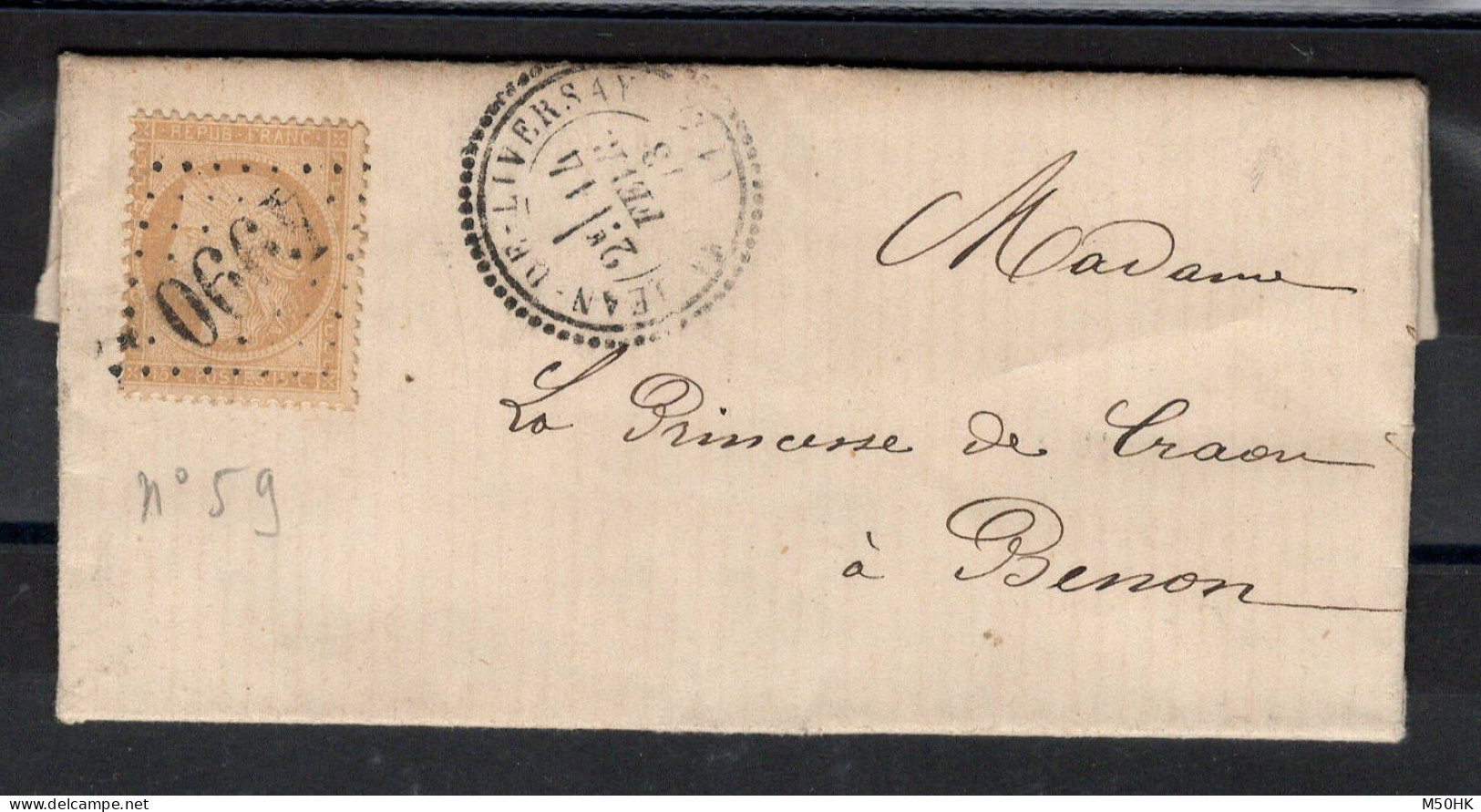 GC 4990 De St Jean De Liversay + Cachet Perlé Sur Lettre Avec YV 59 De 1873 , Gros Indice - 1849-1876: Klassik