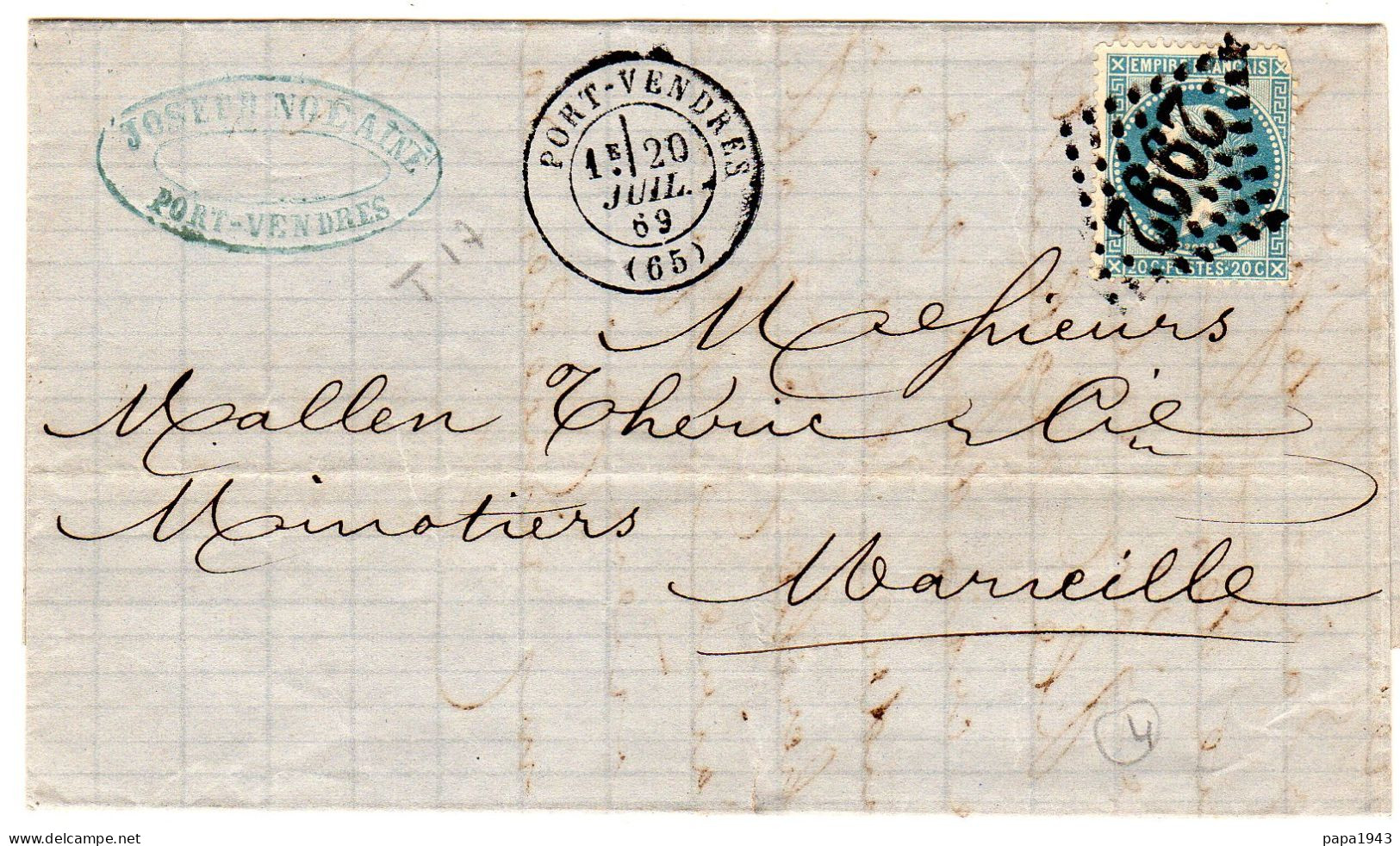 1869  CAD T 17 De PORT VENDRES  G C 2992 Repiquage " NOE AINZ "  Envoyée à, MARSEILLE - 1849-1876: Période Classique