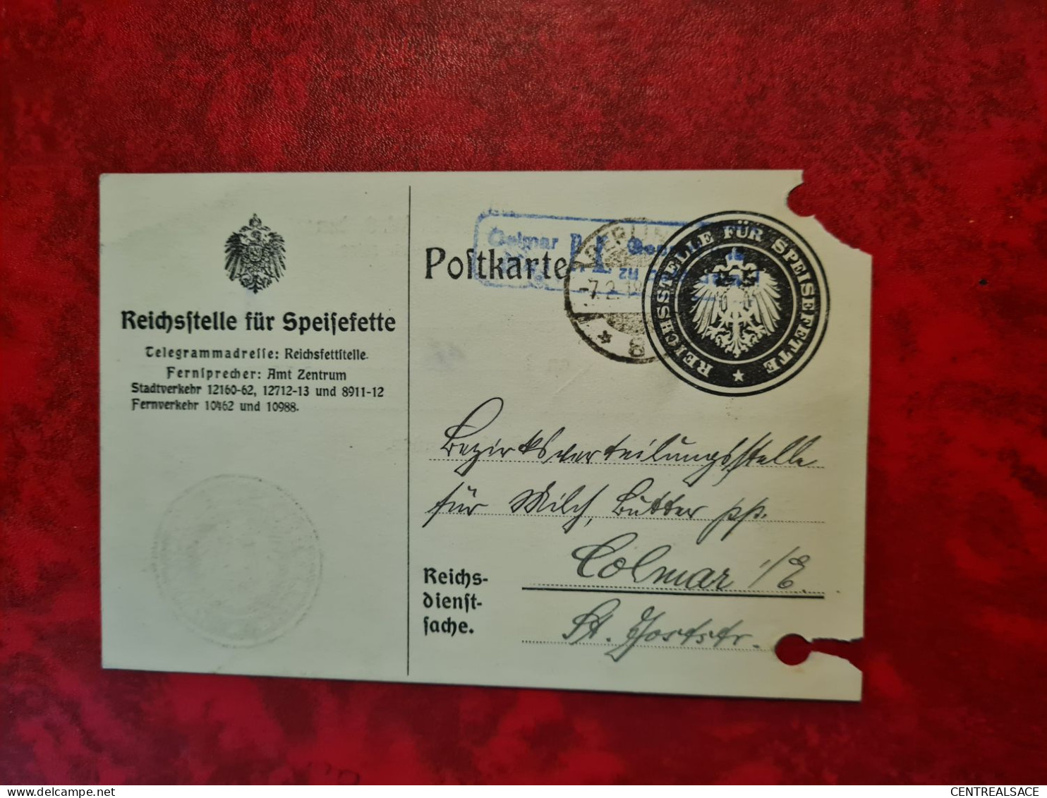 POSTKARTE 1918 BERLIN REICHSSTELLE FUR SPEISEFETTE POUR COLMAR - Sonstige & Ohne Zuordnung