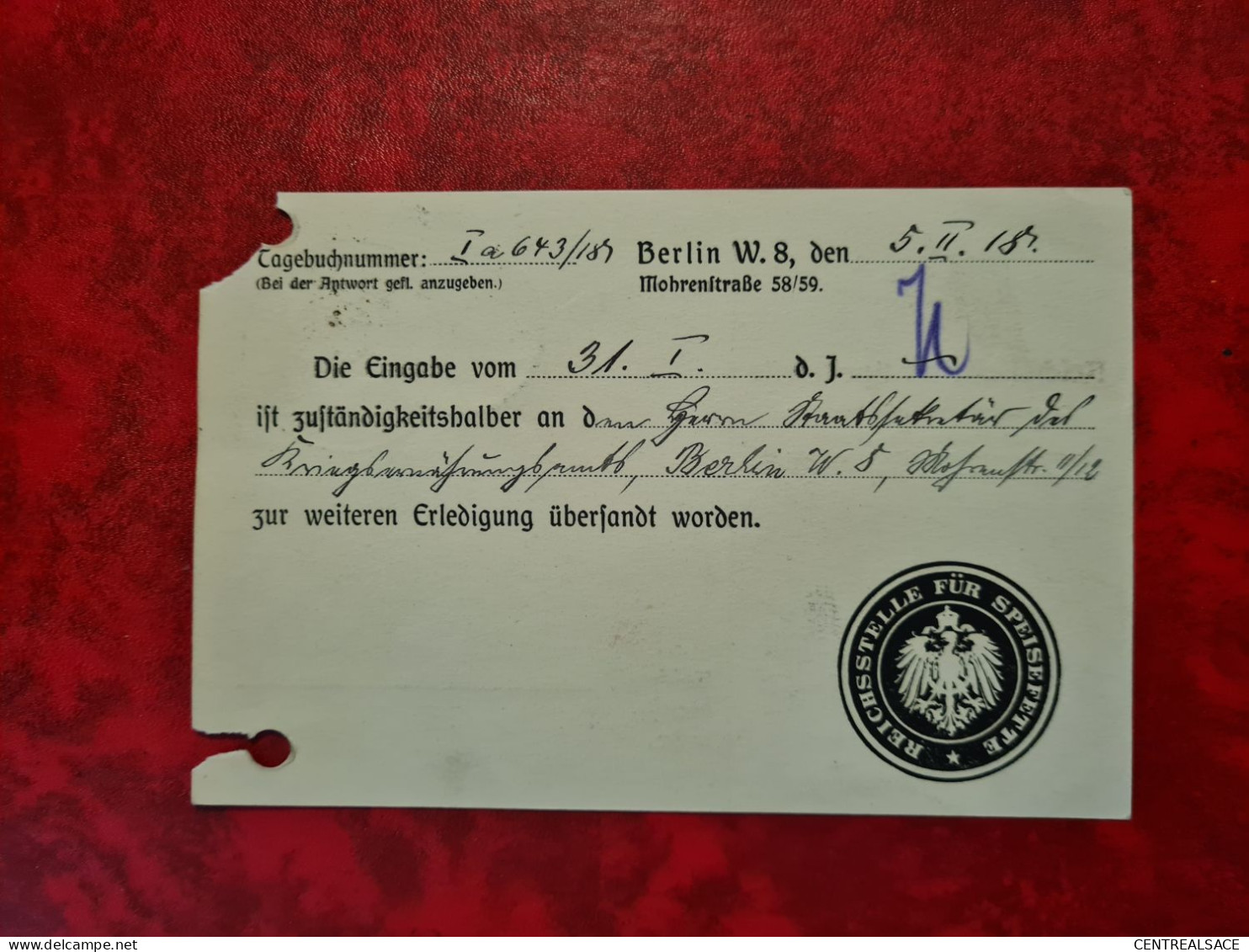 POSTKARTE 1918 BERLIN REICHSSTELLE FUR SPEISEFETTE POUR COLMAR - Autres & Non Classés