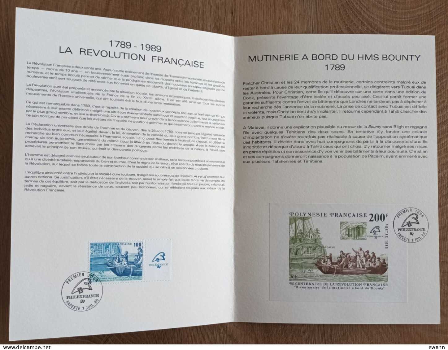 Polynésie Française - FDC Sur Document - YT N°336 + BF 15 - REVOLUTION FRANCAISE / MUTINERIE DU BOUNTY - 1989 - FDC