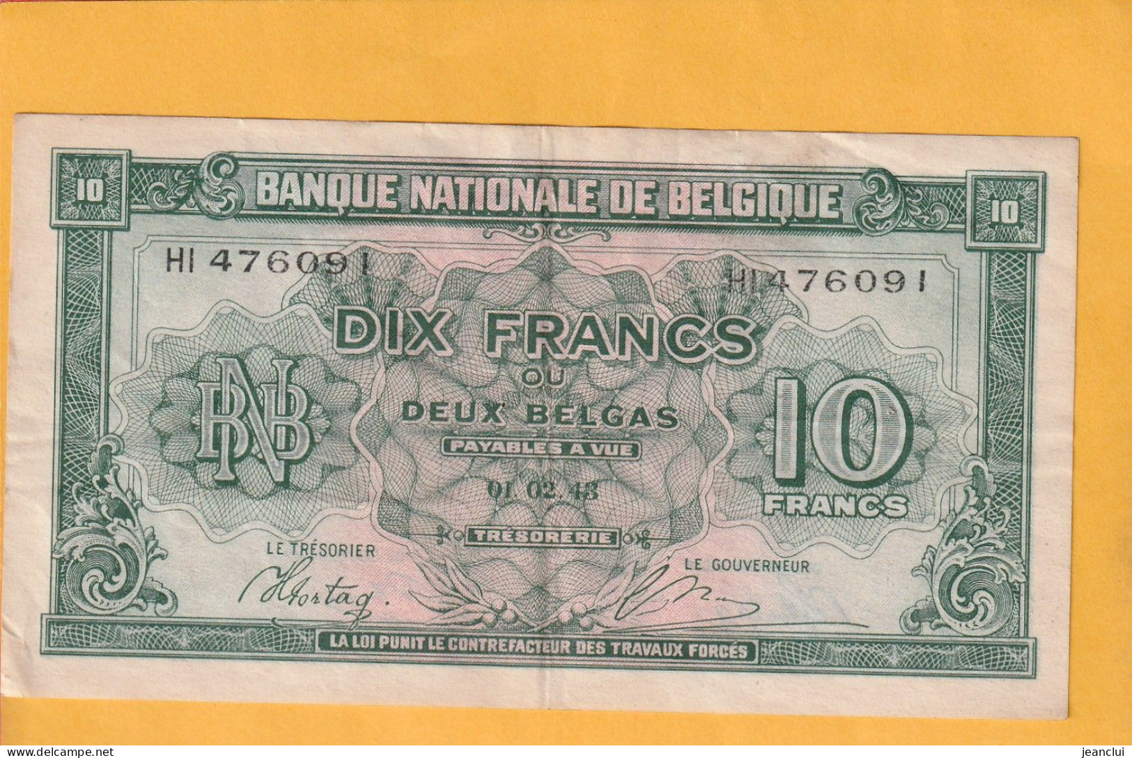 BANQUE NATIONALE DE BELGIQUE . 10 FRANCS = 2 BELGAS  . 01-02-1943 . N°  HI 476091 .  2 SCANNES .  BILLET USITE - 10 Francos-2 Belgas