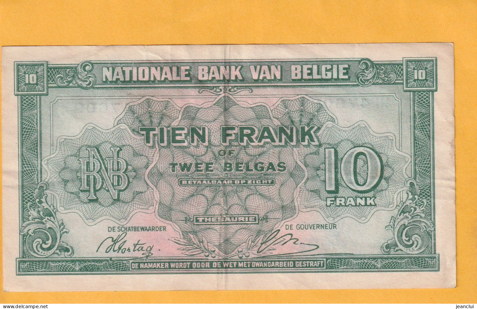 BANQUE NATIONALE DE BELGIQUE . 10 FRANCS = 2 BELGAS  . 01-02-1943 . N°  HI 476091 .  2 SCANNES .  BILLET USITE - 10 Francos-2 Belgas