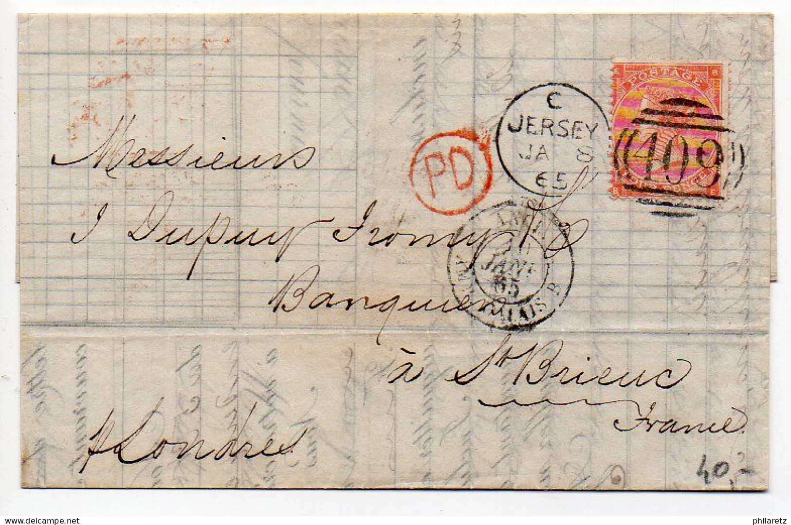 Jersey : Lettre De 1865 Pour La France - Affranchie 4p D'Angleterre - Jersey