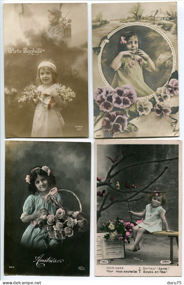 LOT 4 CPA Fantaisies * Fille Fillette Enfant Porte Bonheur Amitiés Bonheur Santé Soldat Sur 1ère Fleurs Pensées Roses - Sonstige & Ohne Zuordnung